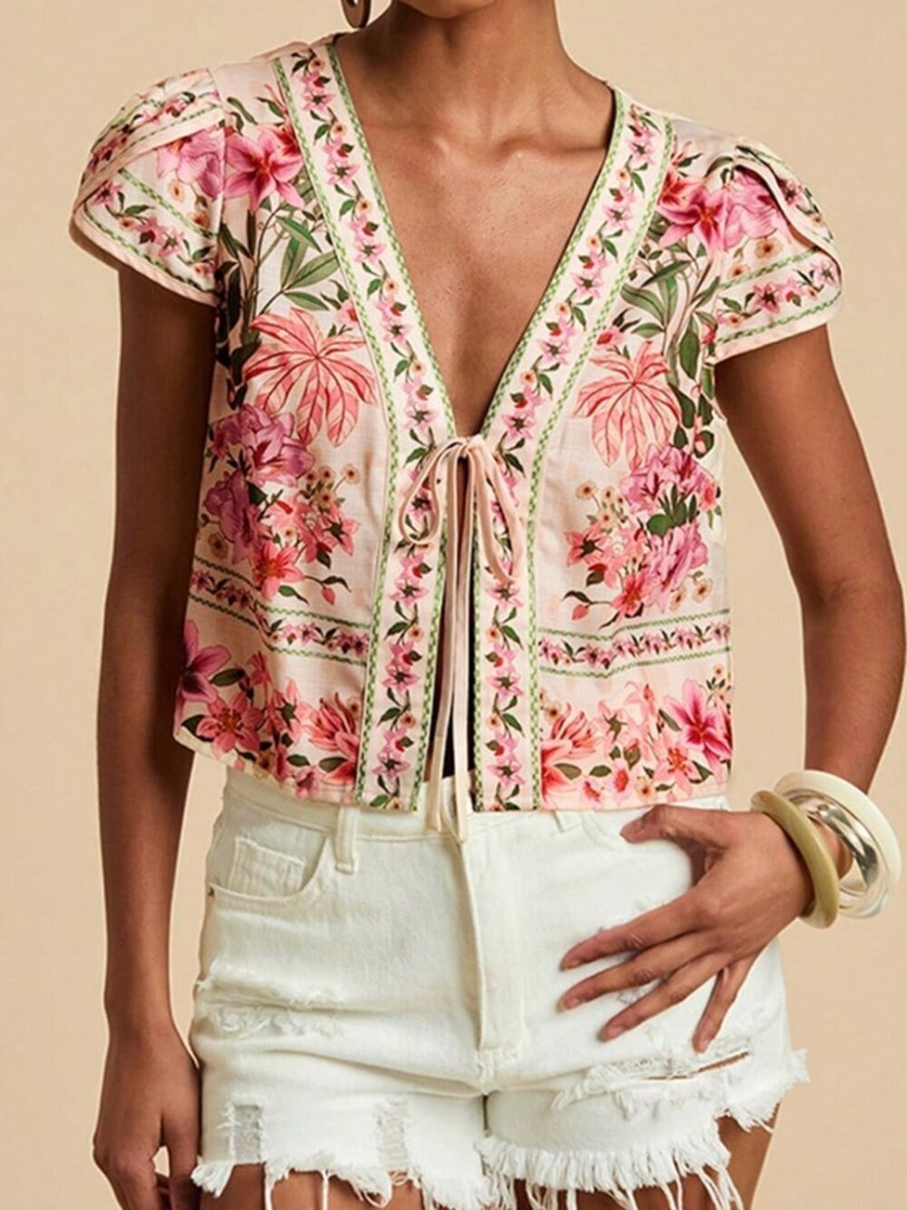 Multicolor Boho Women's Floral Print Tie Front Shirt